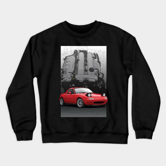 Mx5 / Miata NA with engine background Crewneck Sweatshirt by ArtyMotive